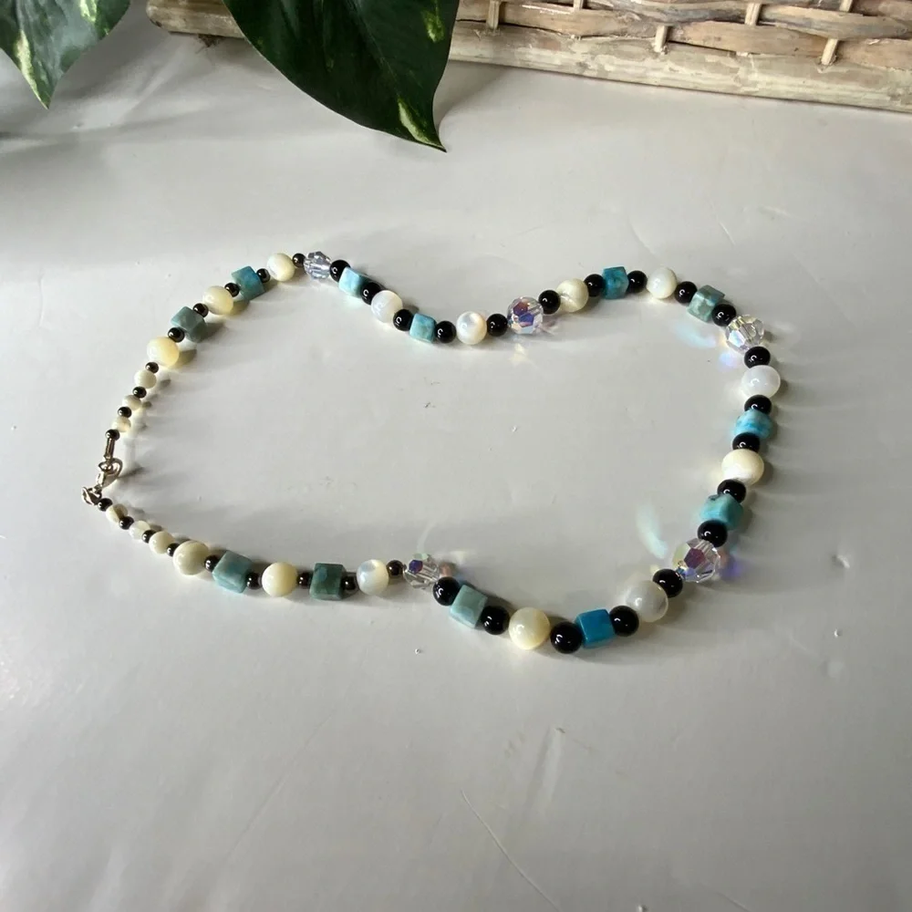 Blue Angelite Cubes Black, White Beads & Crystal Jewelry Set